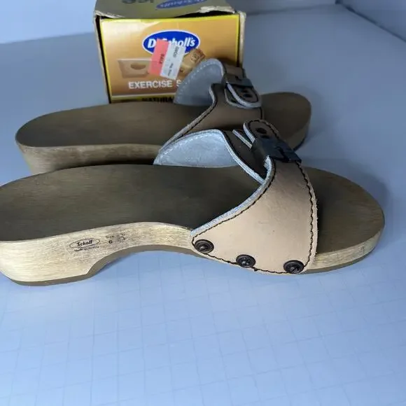 New Vintage Leather Dr. Scholl's Wooden Exercise Sandals Shoes Tan Wheat Sz 6 - Picture 2 of 11